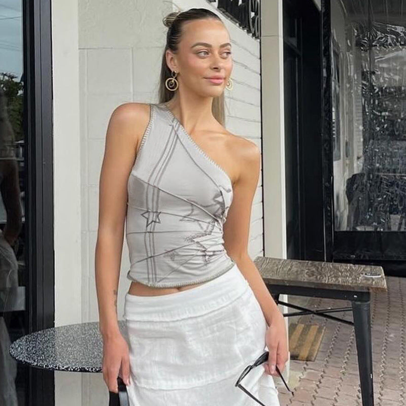Gray Slant Shoulder Short Sleeveless Top