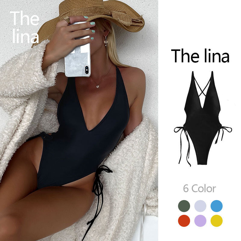 Deep V Lace-up One-piece Swimsuit