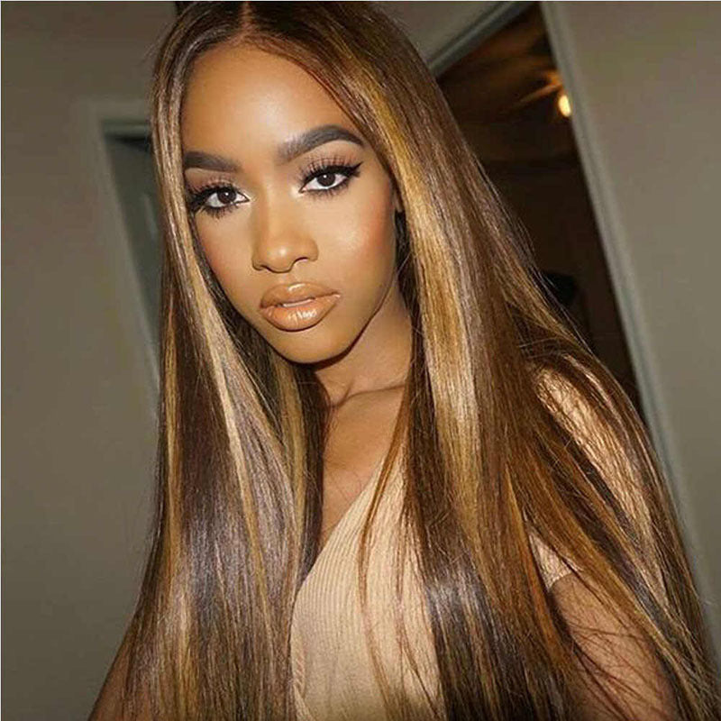 Mid-length straight Brown Pick Human Hair Wigs