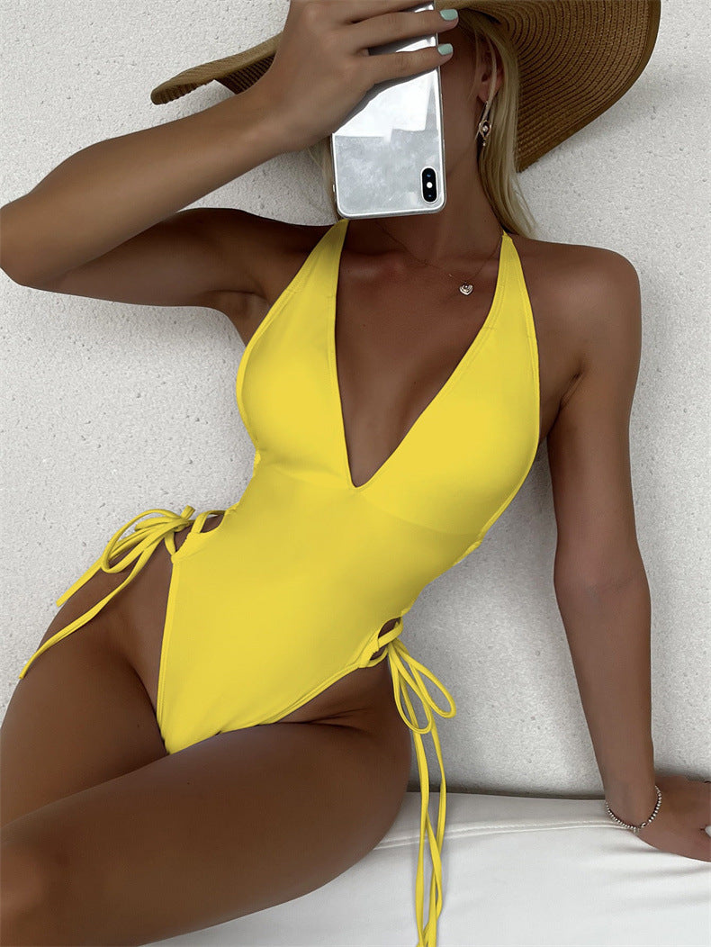 Deep V Lace-up One-piece Swimsuit