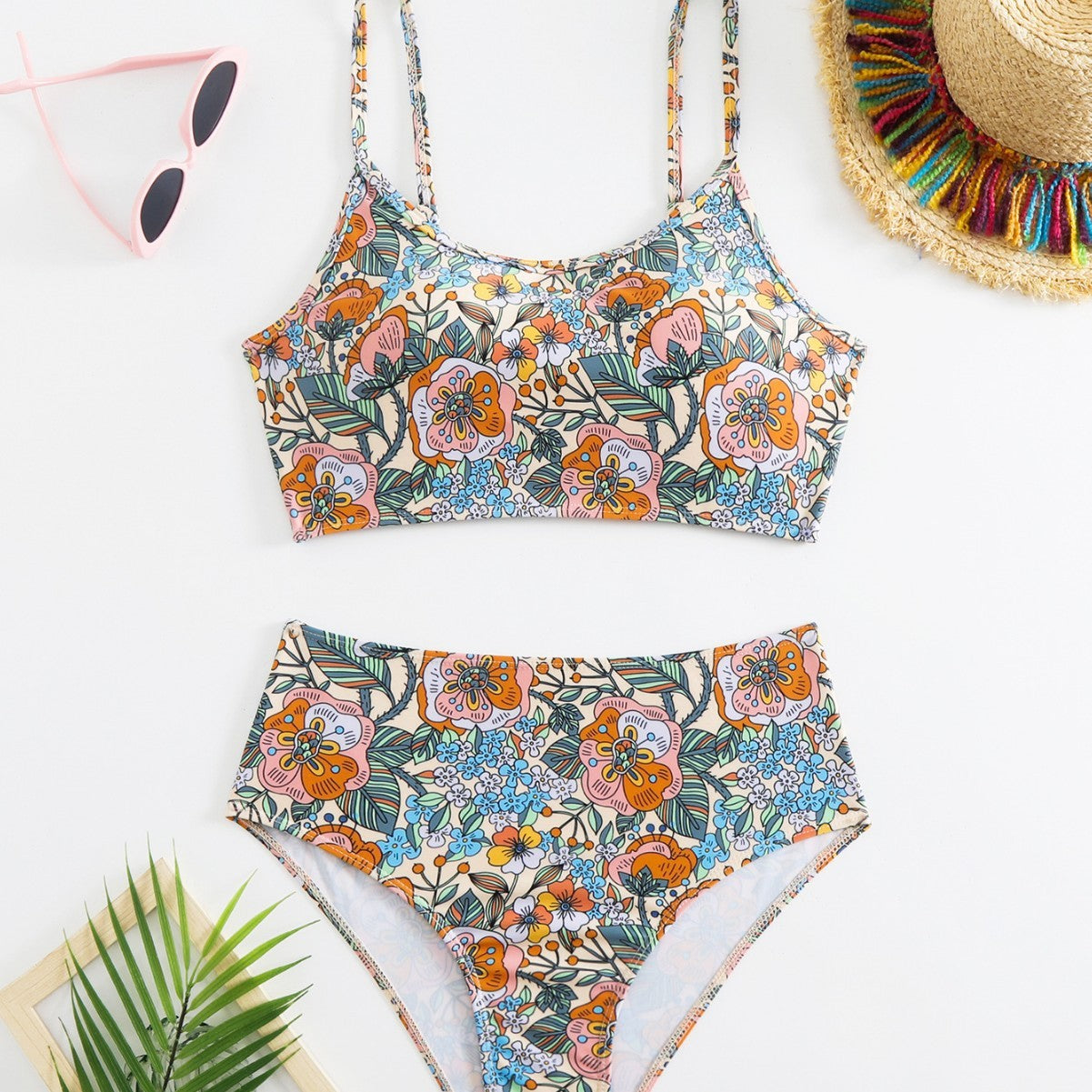 Print High Waist Split Swimsuit