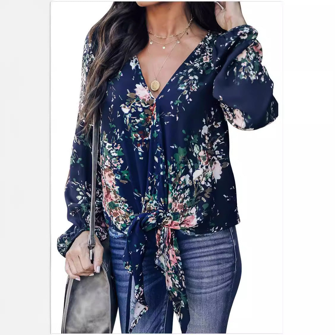 V-neck Long Sleeve Knotted Print Top