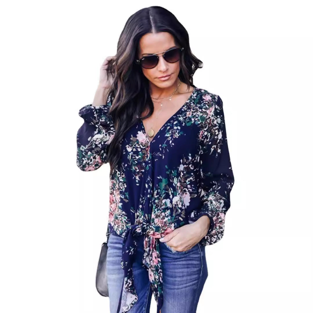 V-neck Long Sleeve Knotted Print Top