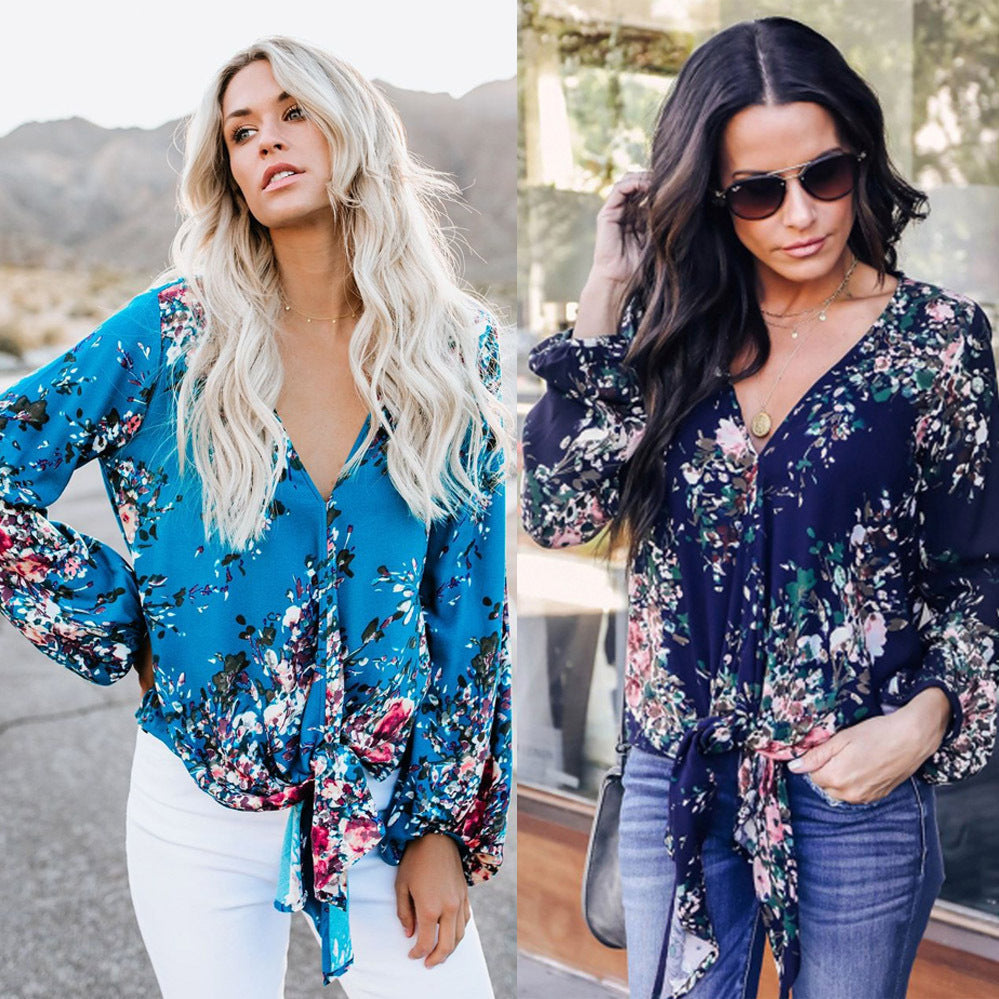 V-neck Long Sleeve Knotted Print Top