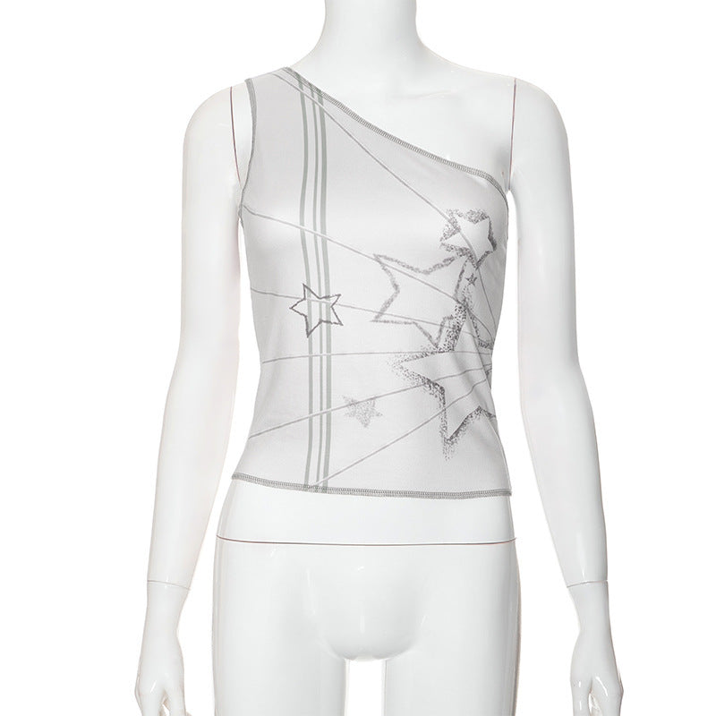 Gray Slant Shoulder Short Sleeveless Top