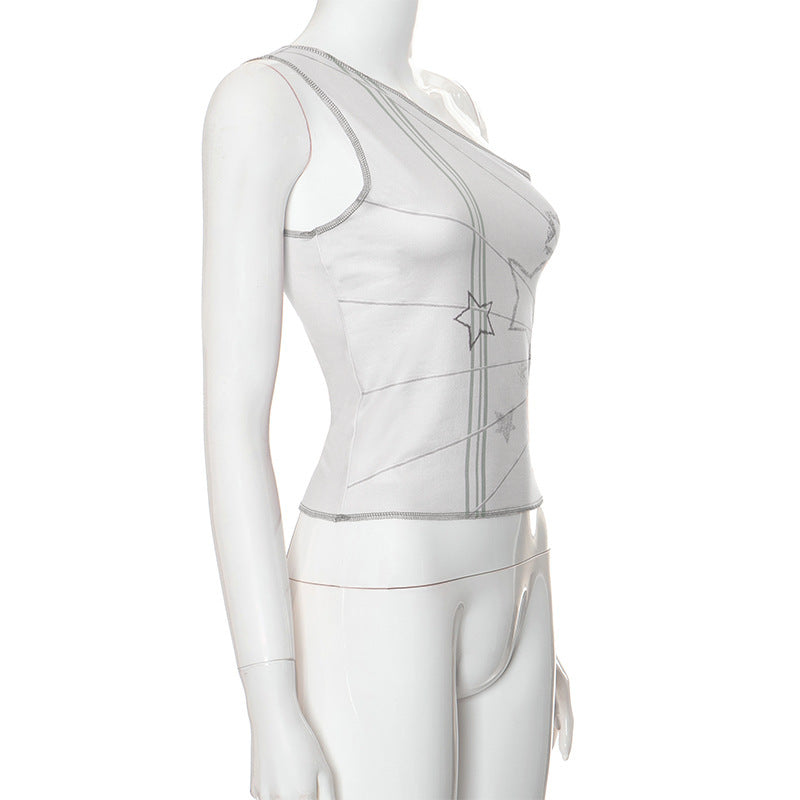 Gray Slant Shoulder Short Sleeveless Top