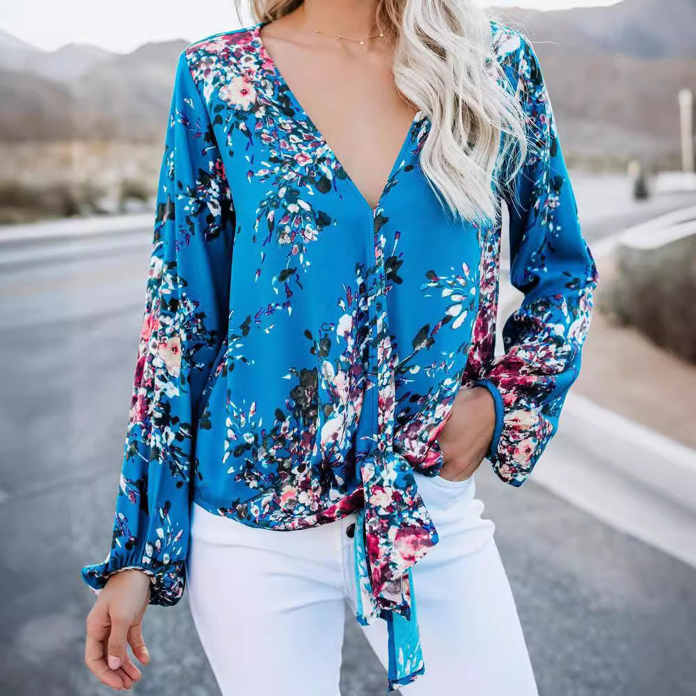 V-neck Long Sleeve Knotted Print Top