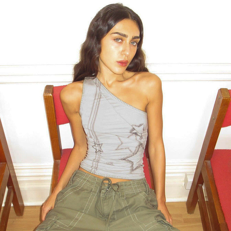 Gray Slant Shoulder Short Sleeveless Top