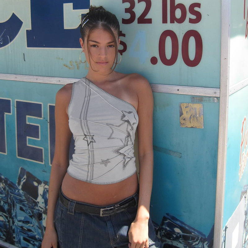 Gray Slant Shoulder Short Sleeveless Top